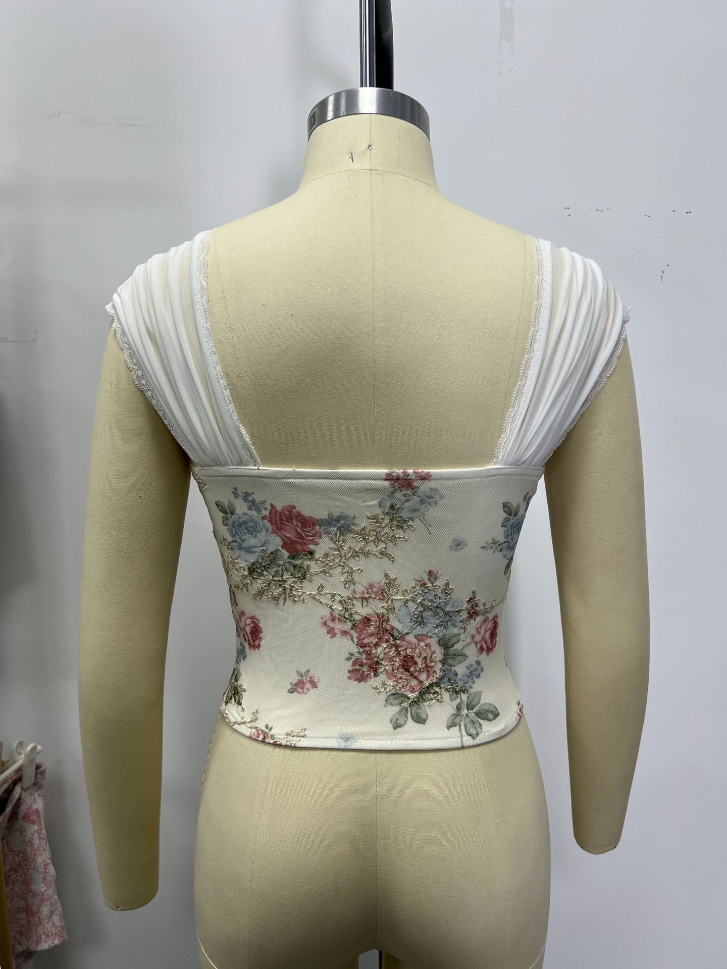 Floral Print Off-Shoulder Corset Mesh Waistband Tank Top Slim Fishbone Corset